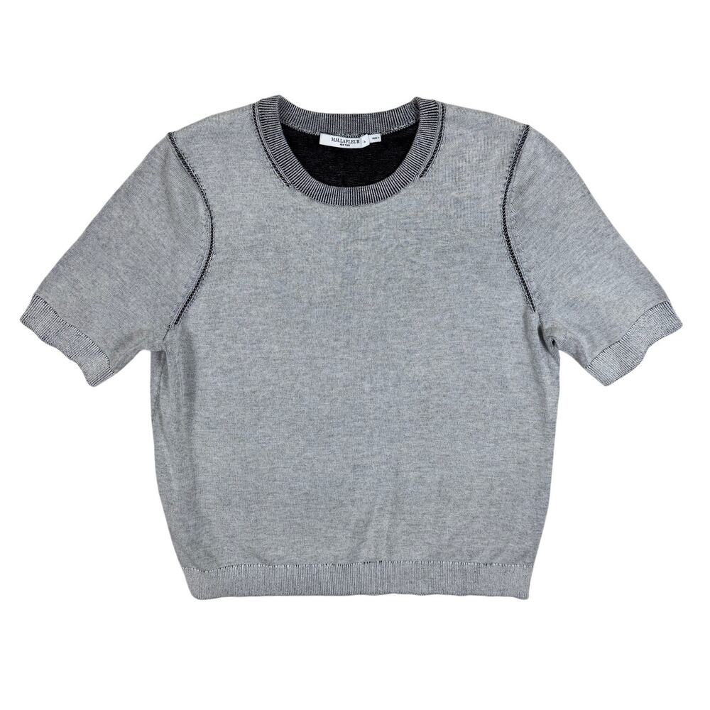 Large M.M. LaFleur Becca Pointelle Tee 365 Cotton Silk Knit Light Grey / Black - Picture 6 of 9